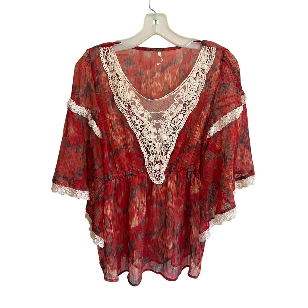 Free People Sheer Red Boho Blouse - Picture 2 of 6